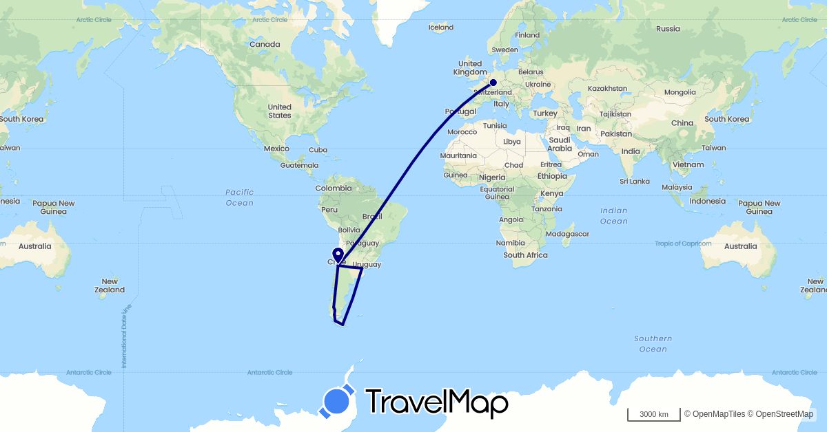 TravelMap itinerary: driving in Argentina, Chile, Germany (Europe, South America)